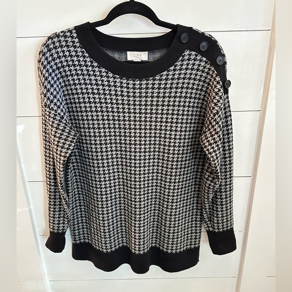 loft black-white gingham button shoulder woman cotton lightweight sweater M - Picture 1 of 10
